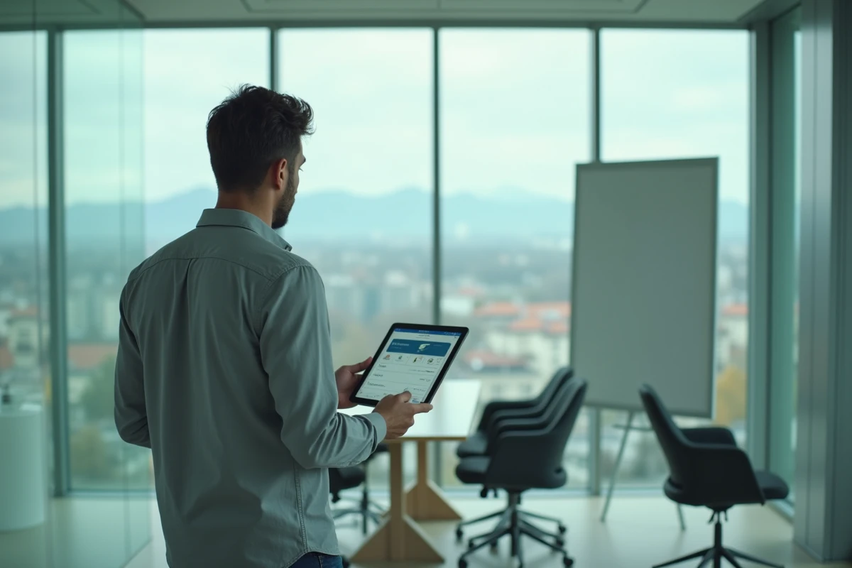 Employé accédant à Colibris Arena sur tablette dans une salle de réunion d'entreprise à Grenoble