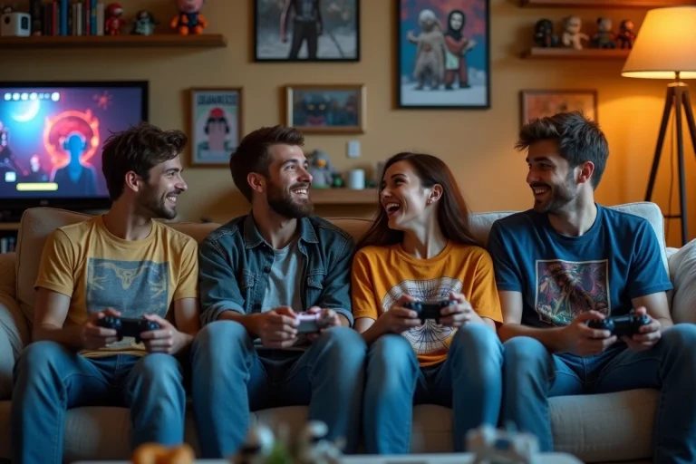 Groupe d'amis jouant à des jeux vidéo dans un salon convivial