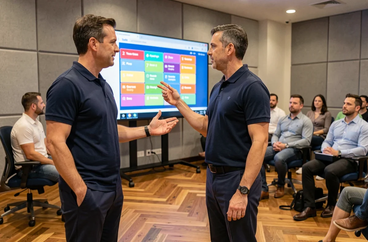 Animateur présentant un jeu interactif sur écran numérique lors d'un événement d'entreprise dynamique