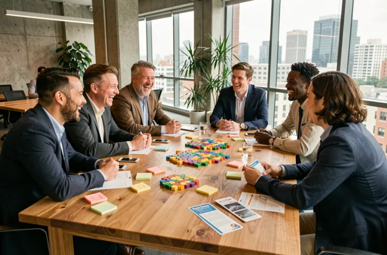 Groupe de professionnels adultes participant à un atelier de team-building ludique lors d'un événement d'entreprise moderne