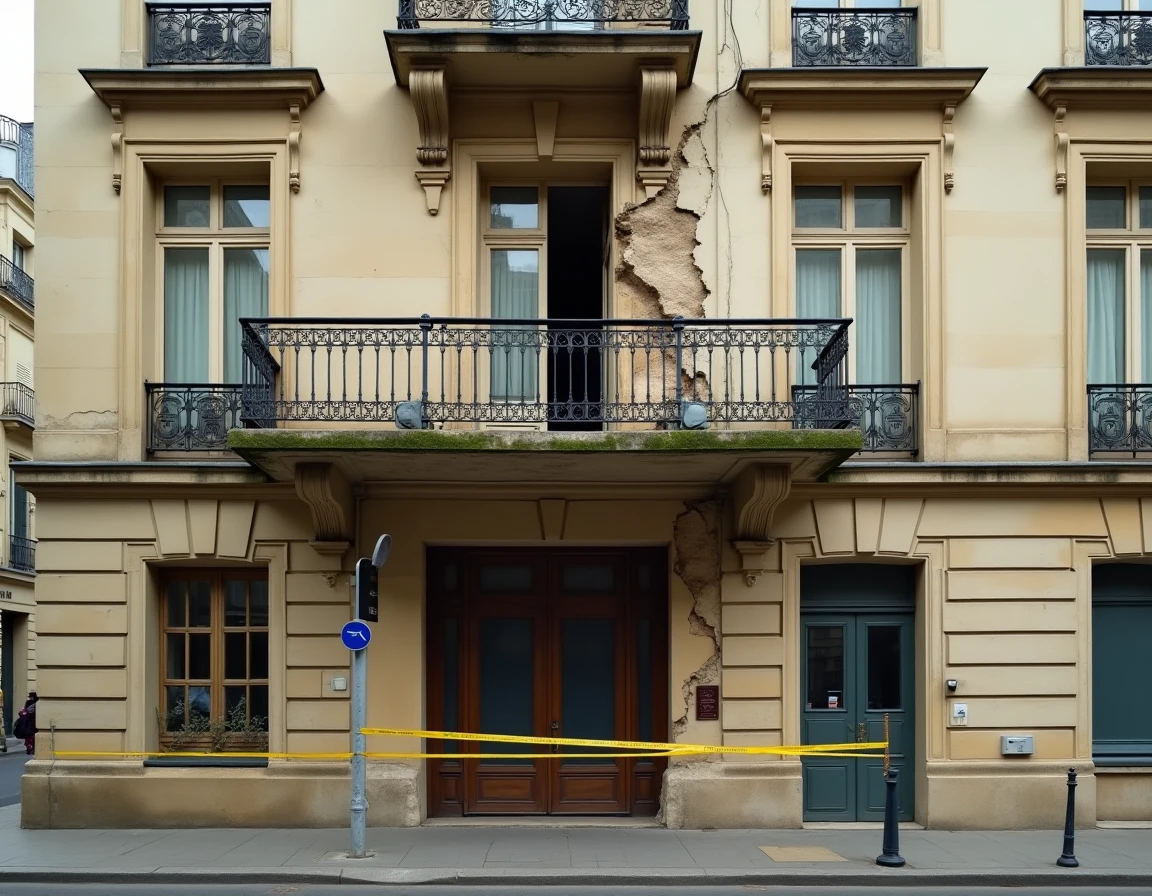 Balcon endommagé d'un immeuble en copropriété parisien avec barrière de sécurité signalant un danger structurel