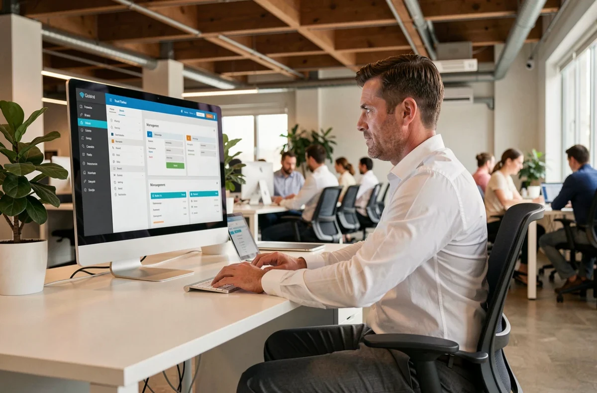 Cadre masculin utilisant une plateforme de gestion de voyages d'affaires sur ordinateur dans un bureau moderne en open space