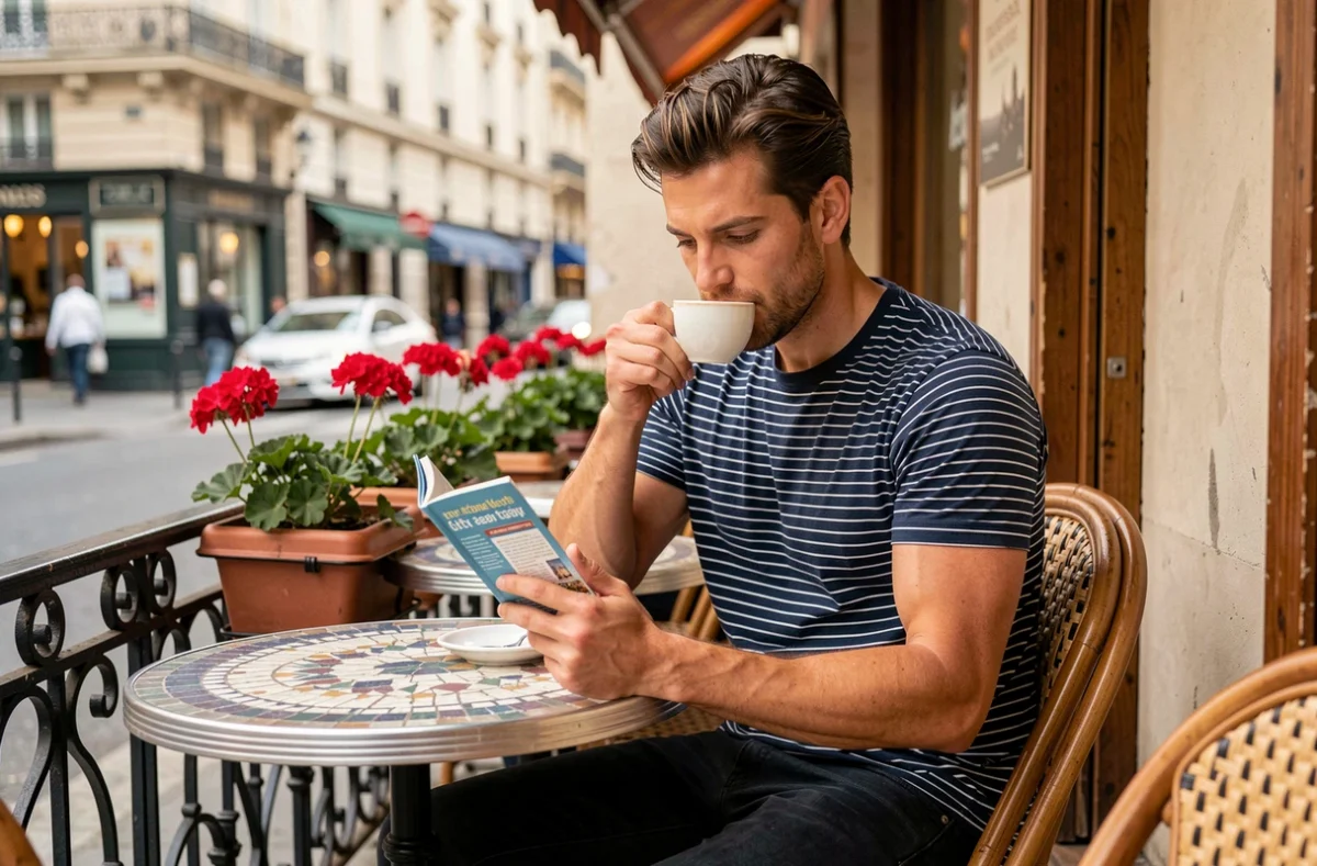Homme lisant un guide de Paris en terrasse de café parisien avec un espresso