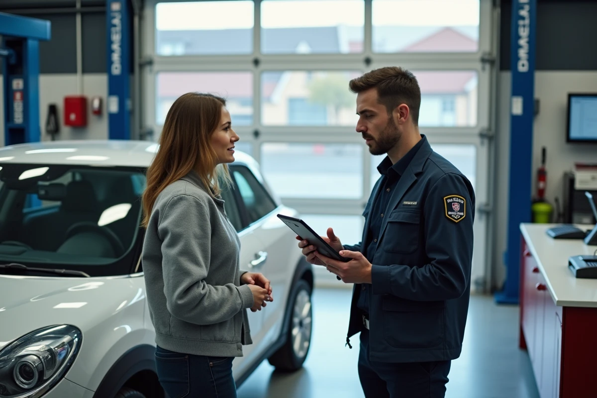 Cliente discutant de l'entretien de son véhicule avec un conseiller technique dans la réception du garage Mécamobile à Mondragon