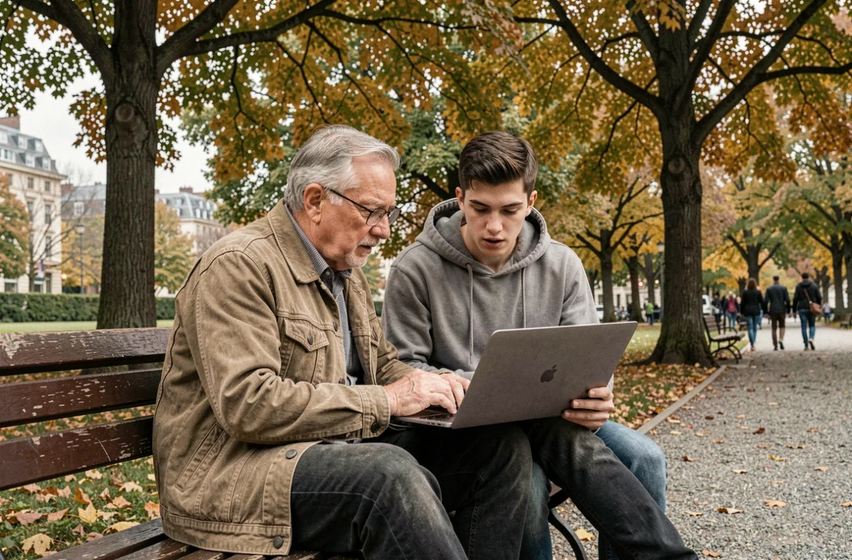 Un homme âgé et un jeune adulte collaborent sur un ordinateur portable dans un parc urbain en automne