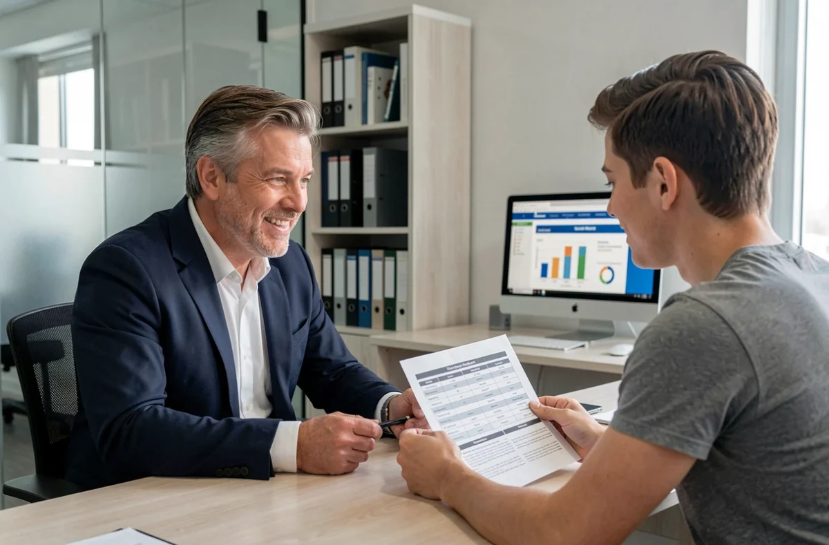 Conseiller en orientation professionnelle discutant des résultats d'un bilan de compétences avec un client