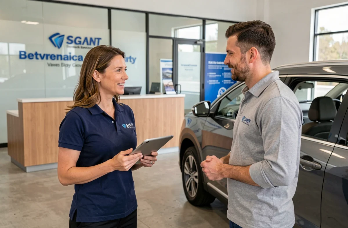 Conseillère automobile discutant des services disponibles avec un client à l'accueil d'un centre Armoric Auto
