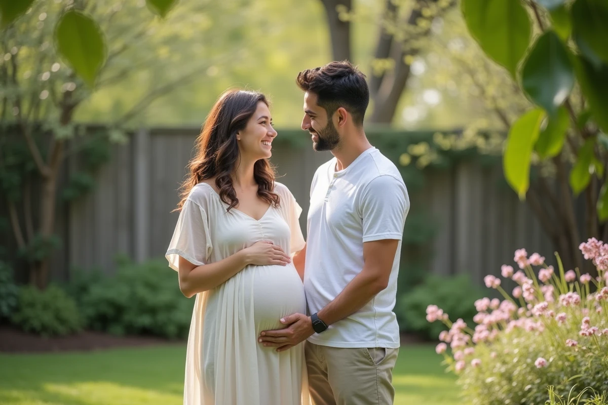 Couple en extérieur dans un jardin avec femme enceinte