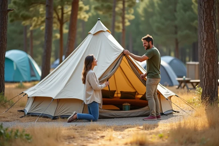 Couple installant une tente sur un camping aménagé en France entouré de pins et d'autres campeurs