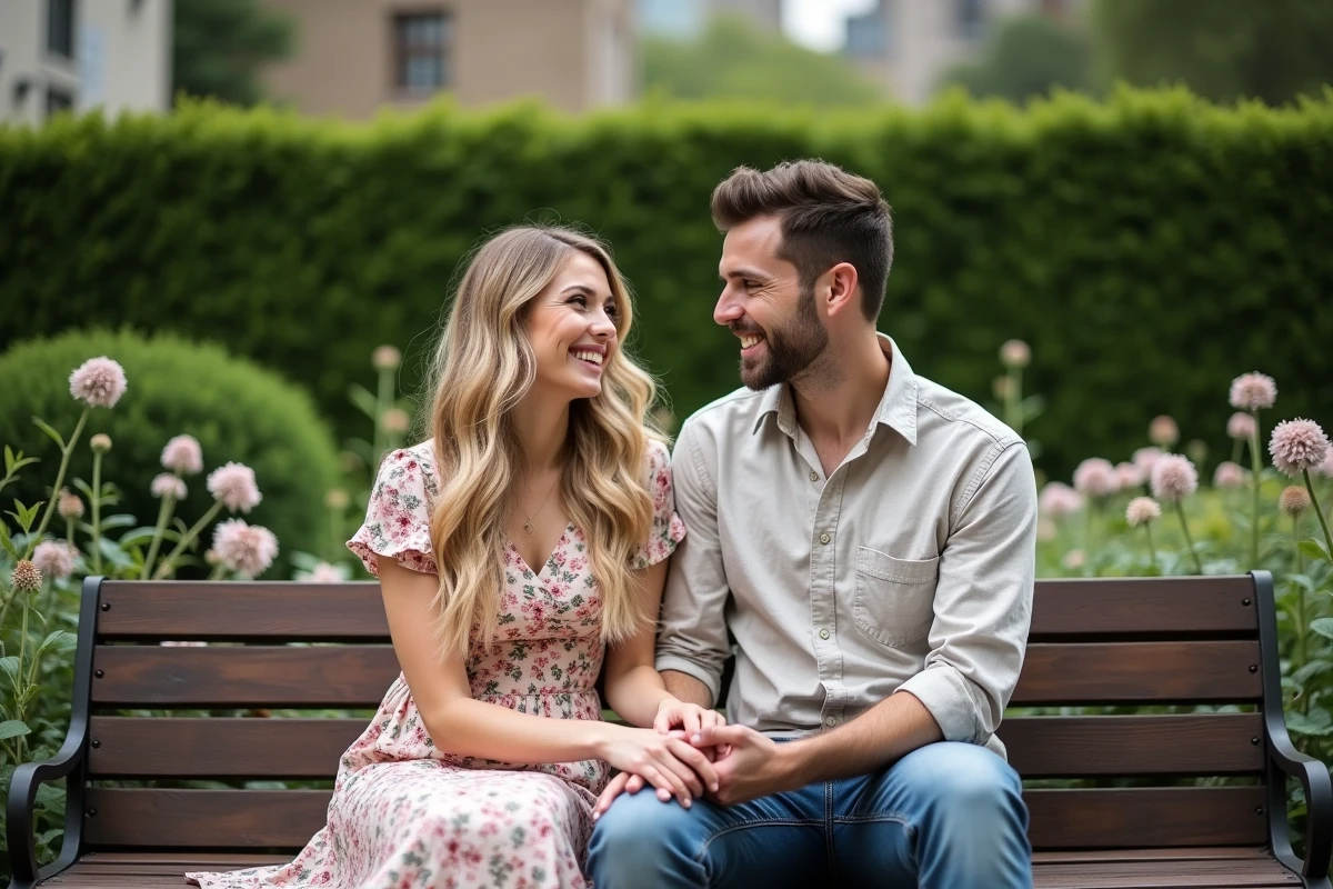 Couple souriant main dans la main assis sur un banc dans un jardin fleuri urbain