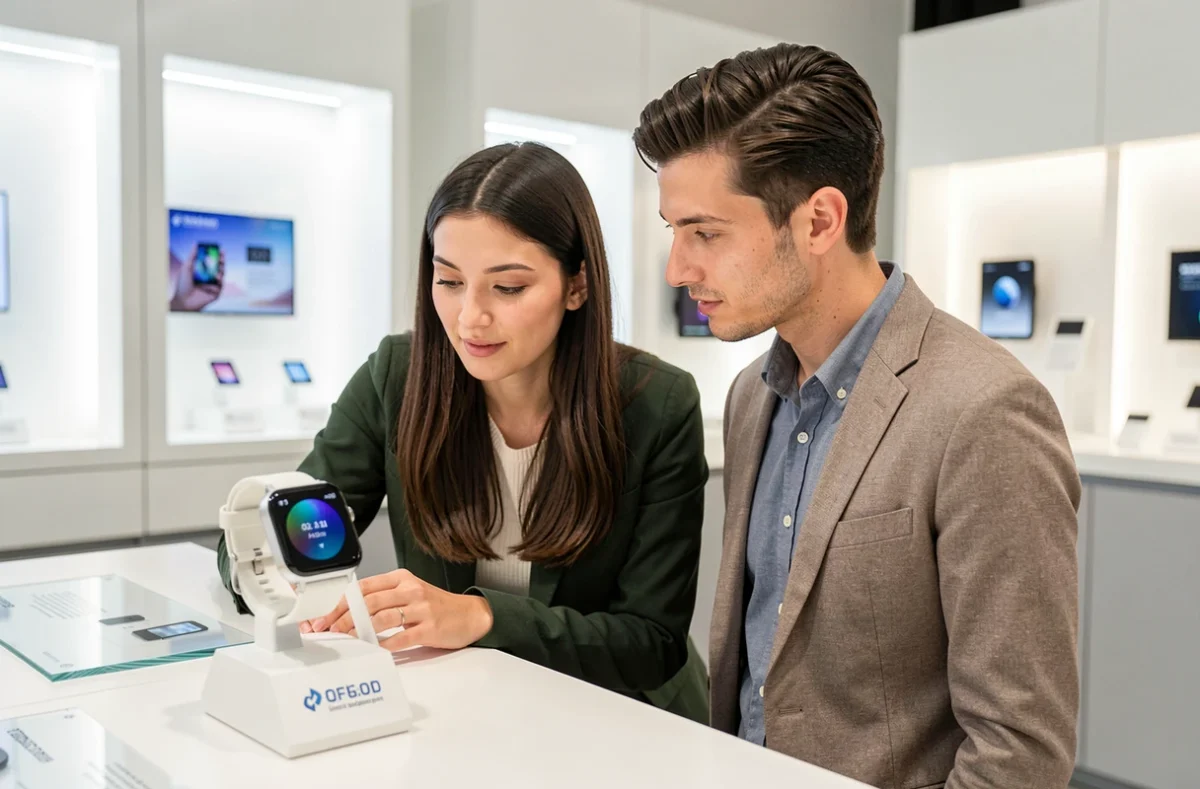 Deux personnes découvrant une smartwatch IA de nouvelle génération dans une boutique high-tech tendance 2024