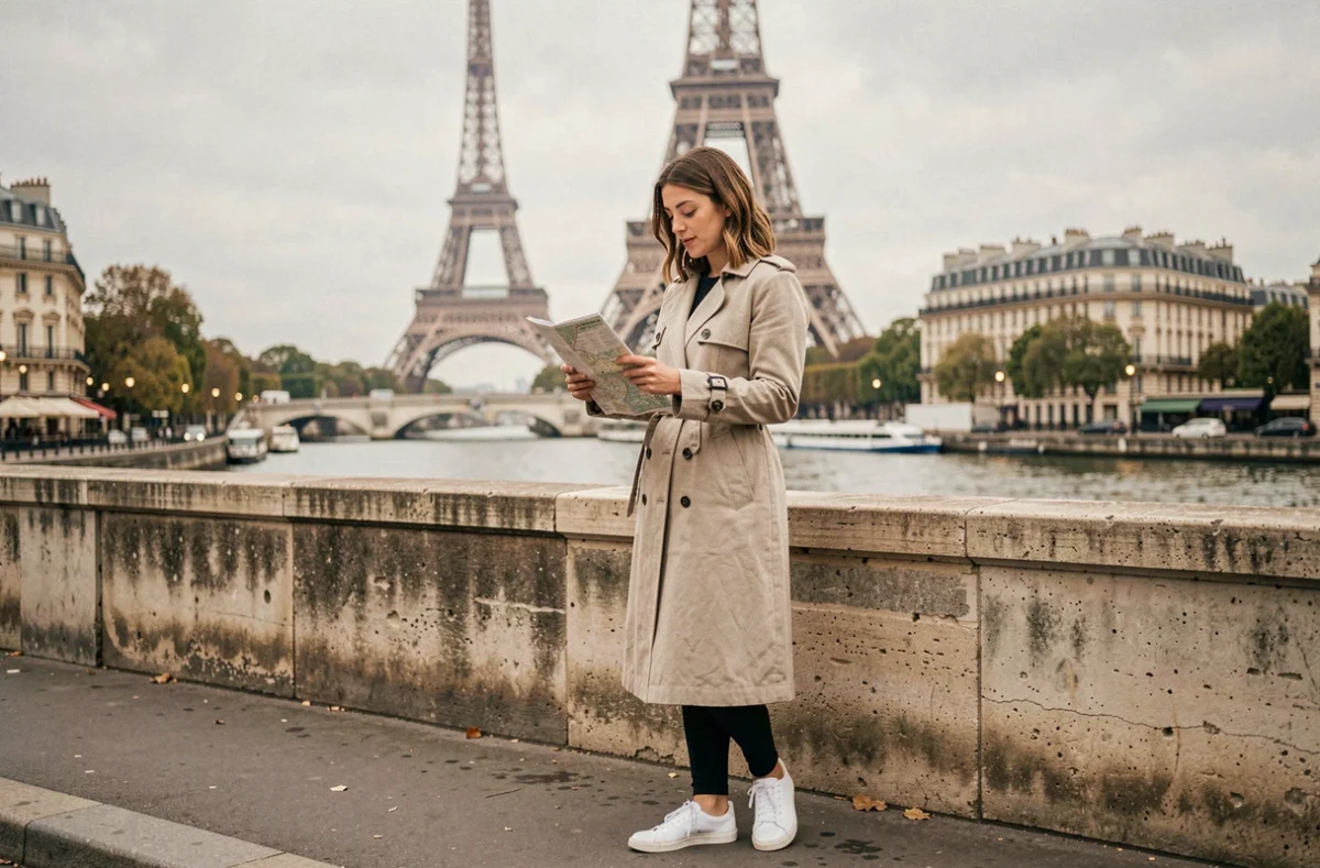 Femme consultant une carte touristique sur le Pont de l'Alma avec la Tour Eiffel en arrière-plan, Paris