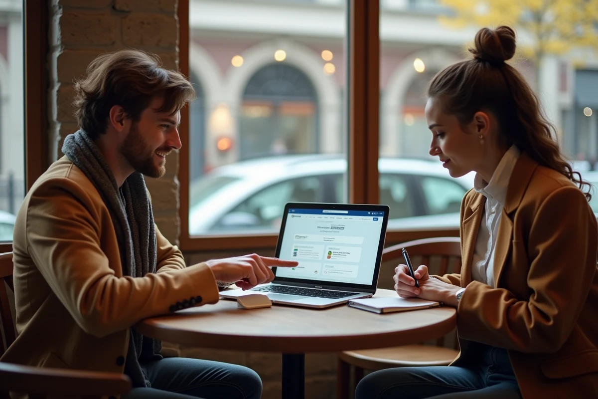 Deux professionnels consultant ensemble des offres d'emploi en ligne sur un ordinateur portable dans un café