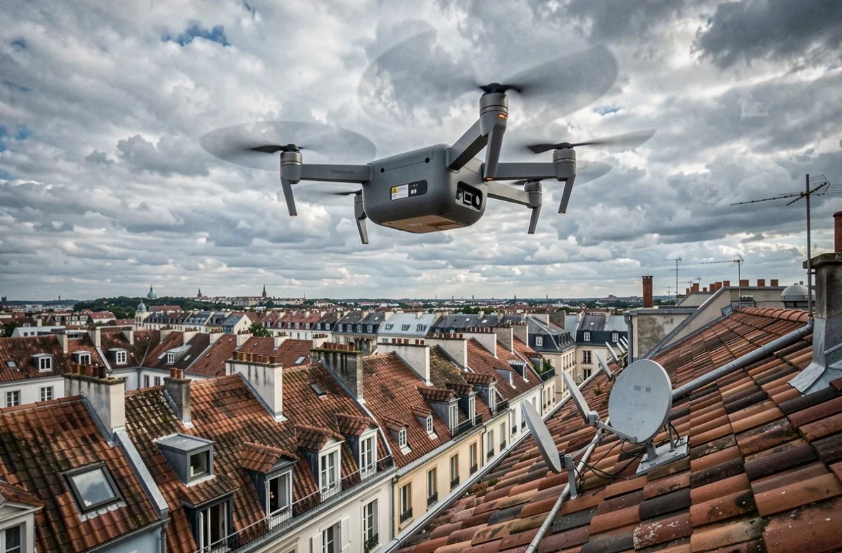 Drone cargo électrique livrant un colis au-dessus des toits d'une ville européenne dense