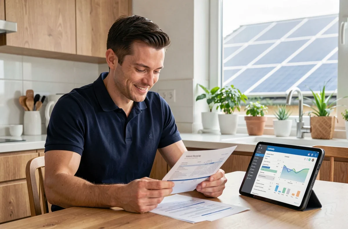 Homme consultant sa facture d'électricité réduite grâce à l'installation de panneaux solaires sur sa maison, avec une application de suivi de production d'énergie solaire sur tablette