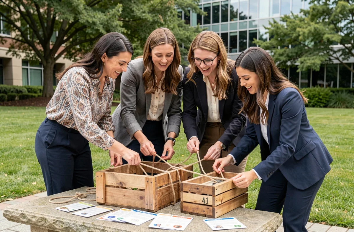 Quatre collègues féminines résolvant un défi d'escape game en plein air lors d'une activité d'entreprise innovante