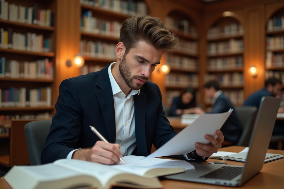 Étudiant en deuxième année de licence étudiant dans une bibliothèque universitaire entouré de manuels