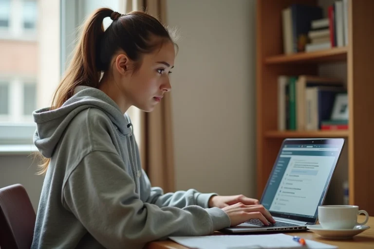 Étudiante remplissant un dossier de candidature en ligne sur la plateforme ecandidat de l'Université du Mans depuis sa chambre d'étudiant