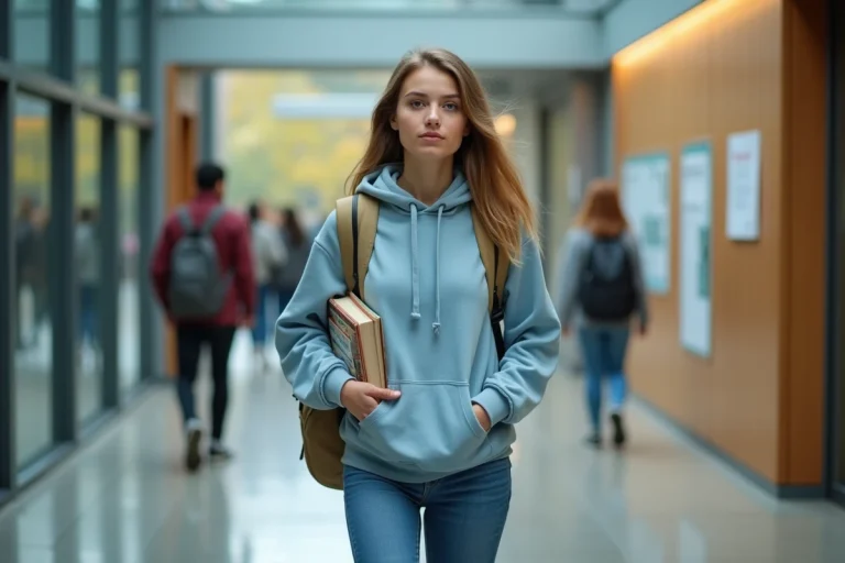 Étudiante en première année de licence marchant dans un couloir universitaire avec des livres sous le bras