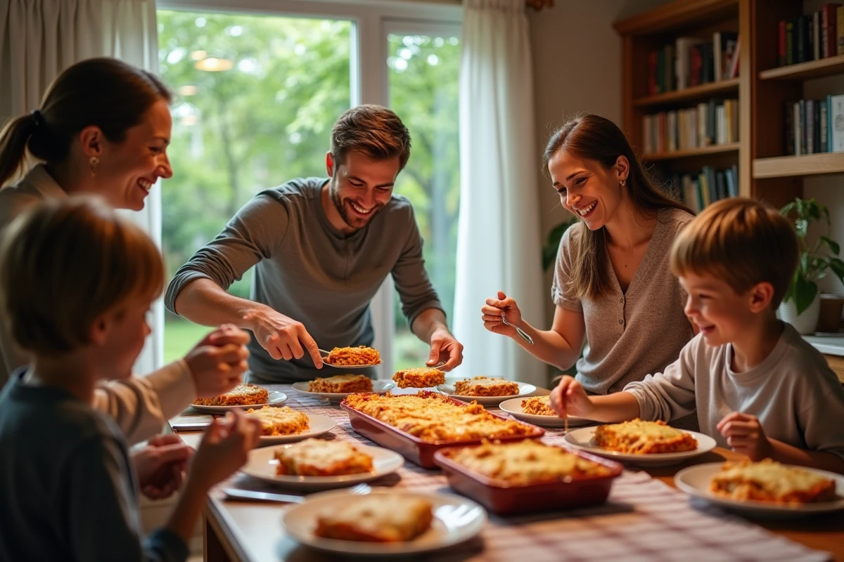 Famille partageant un repas de lasagnes dans la salle à manger