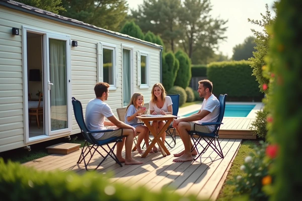 Famille en vacances devant un mobil-home dans un camping haut de gamme français avec piscine en arrière-plan