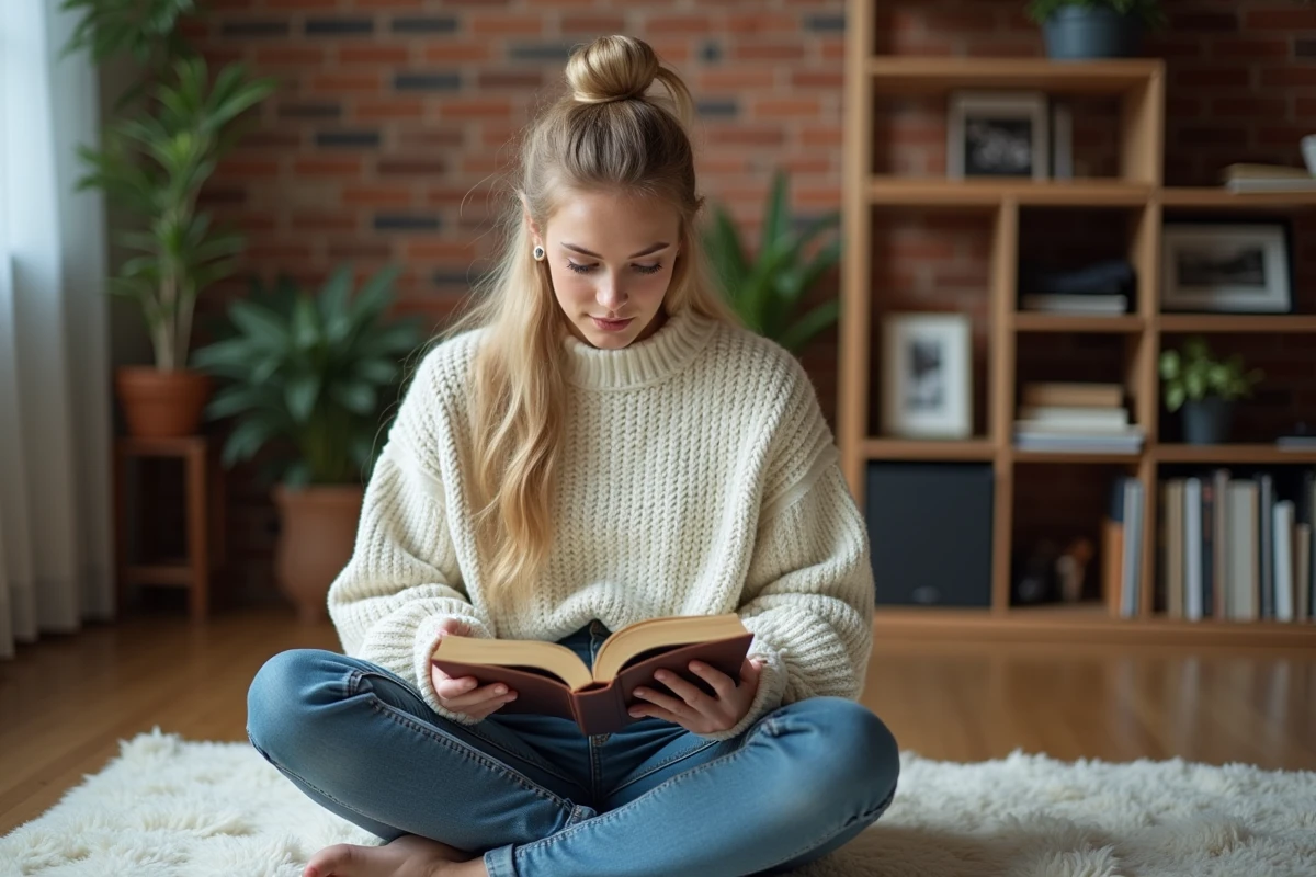 Jeune femme blonde en pull tricoté lisant dans un appartement moderne décoré de photos et vinyles