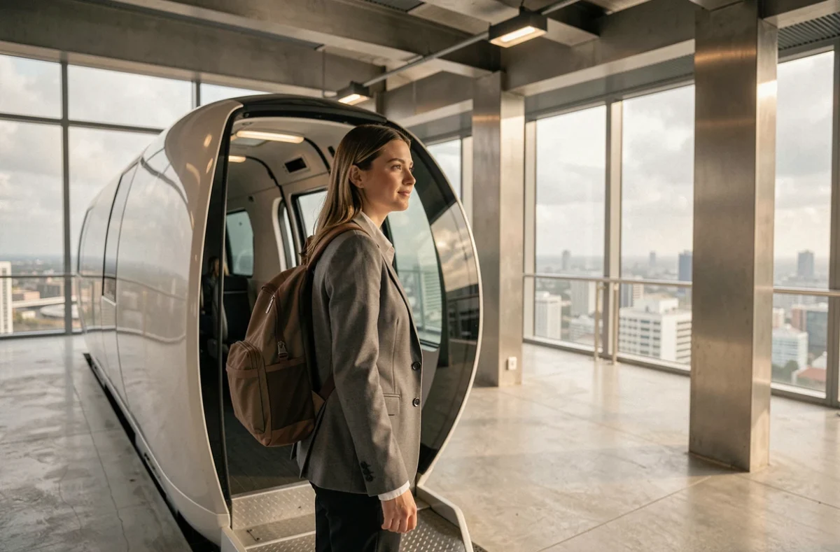 Femme professionnelle embarquant dans une capsule hyperloop dans une station urbaine moderne et épurée