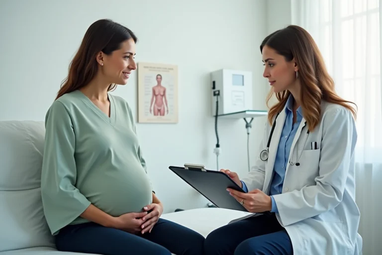 Femme enceinte consultant son médecin pour des résultats d'analyses sanguines montrant des monocytes élevés