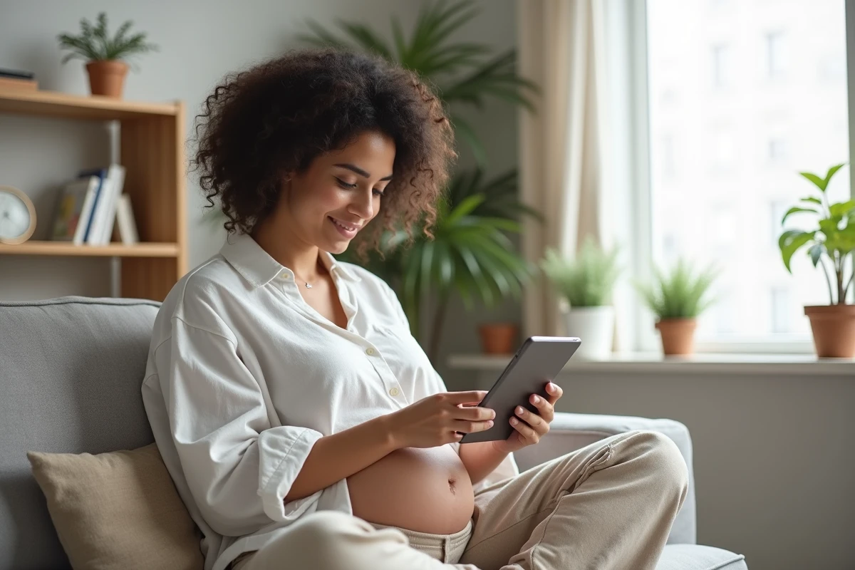 Femme enceinte se renseignant sur les monocytes élevés en grossesse via une tablette à la maison
