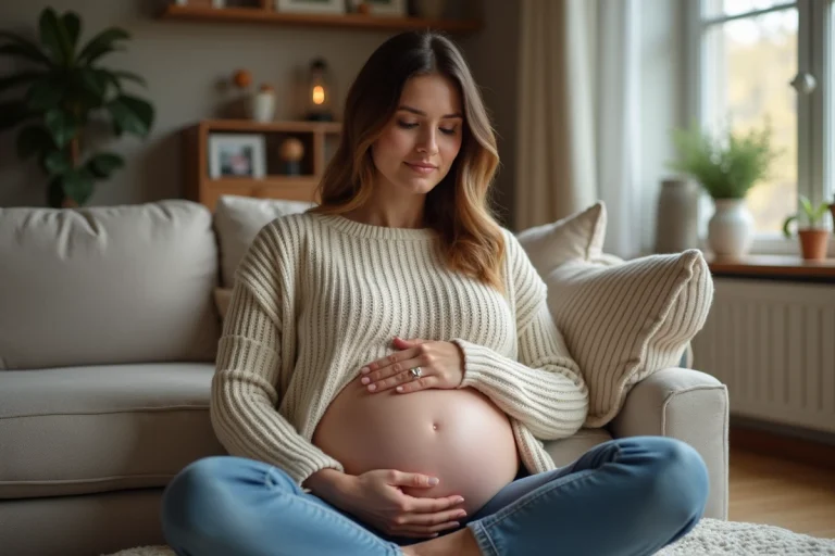 Femme enceinte assise sur un canapé dans un salon chaleureux