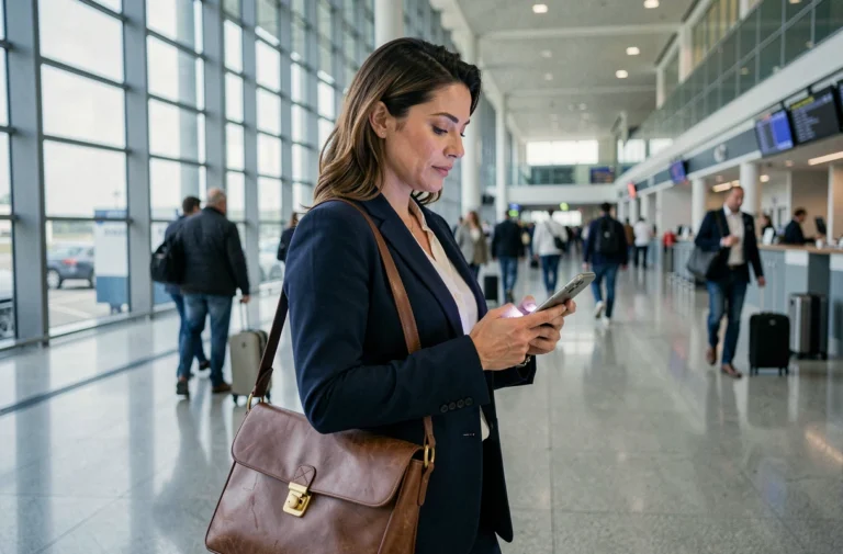 Femme professionnelle consultant une application de gestion de déplacements professionnels sur smartphone dans un hall d'aéroport moderne