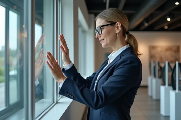 Femme professionnelle examinant une vitrine en aluminium moderne