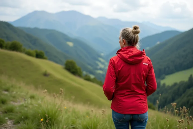 Femme en veste rouge regardant le paysage du Parc du Pilat