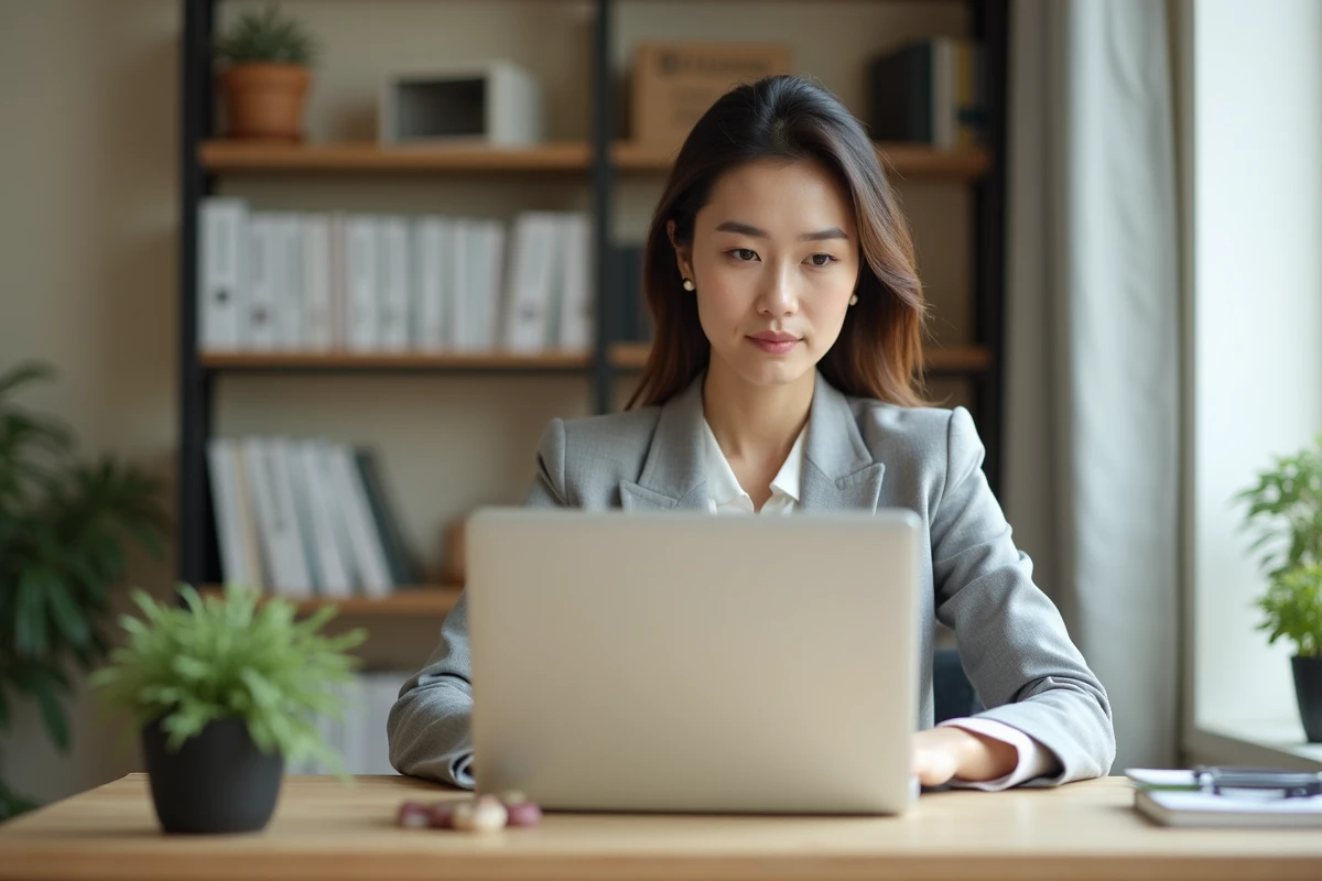 Femme utilisant un ordinateur portable pour rechercher un emploi en ligne depuis son bureau à domicile