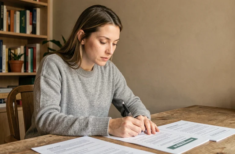 Femme réfléchissant à un test d'orientation professionnelle dans un bureau à domicile chaleureux