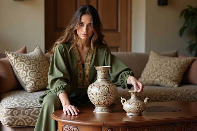 Femme élégante arrangeant un vase marocain dans un salon chic