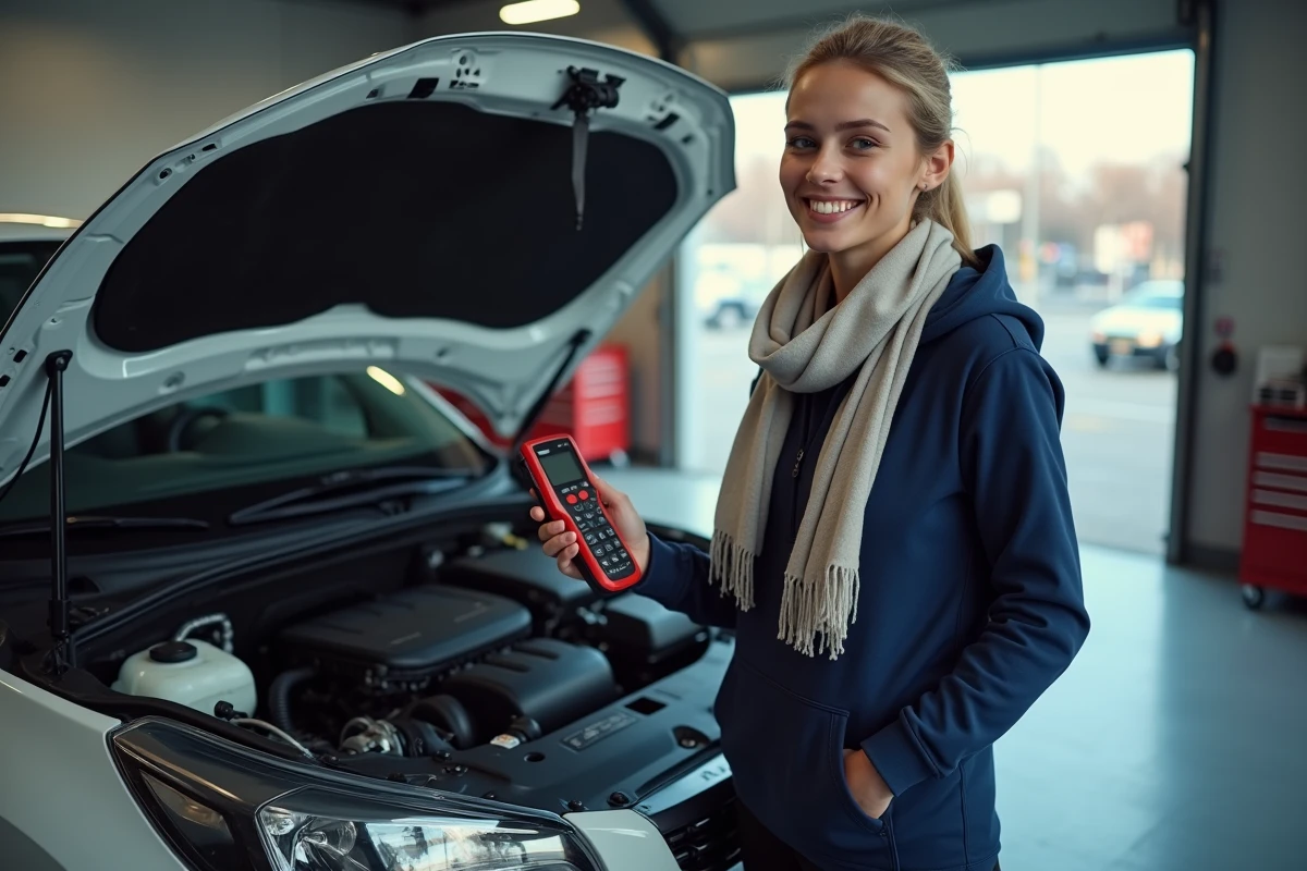 Jeune femme vérifiant le moteur d
