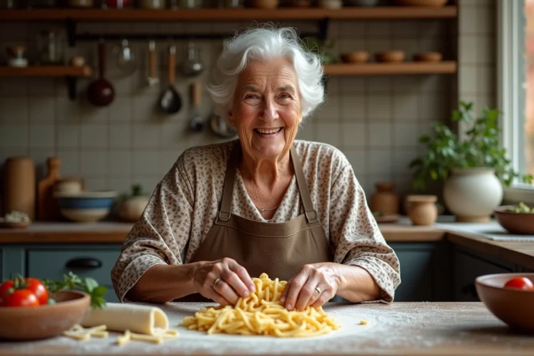 Grand-mère italienne faisant des pâtes maison dans la cuisine