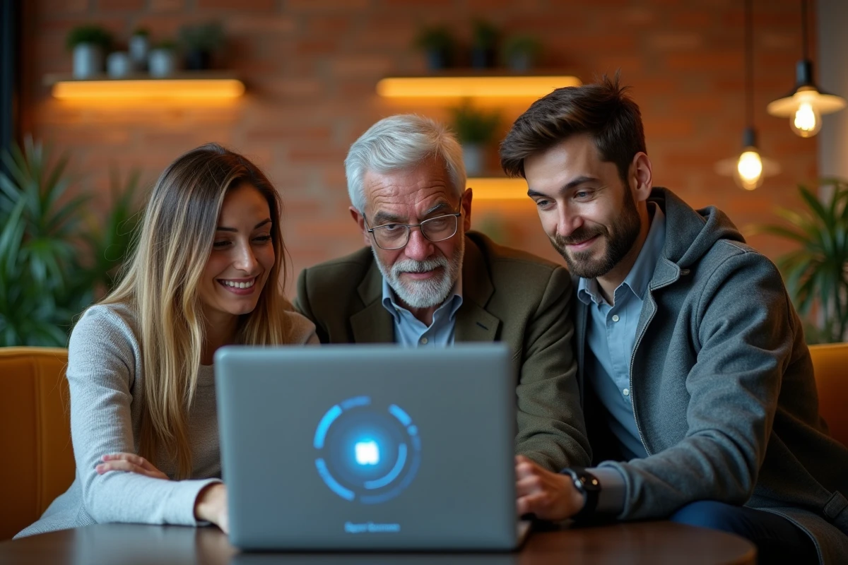 Groupe de collègues consultant le portail PIA Convergence sur un ordinateur dans un espace de coworking à Grenoble