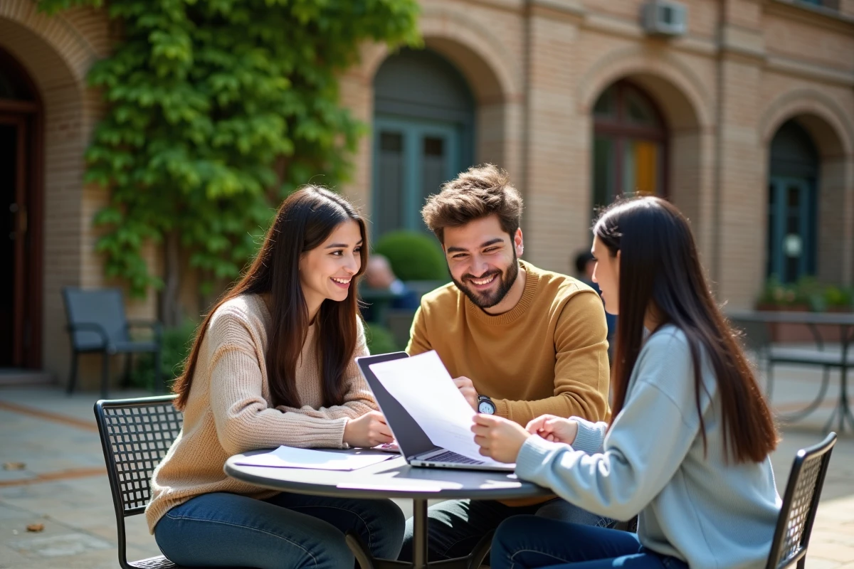 Groupe d'étudiants en troisième année de licence travaillant ensemble en extérieur sur le campus