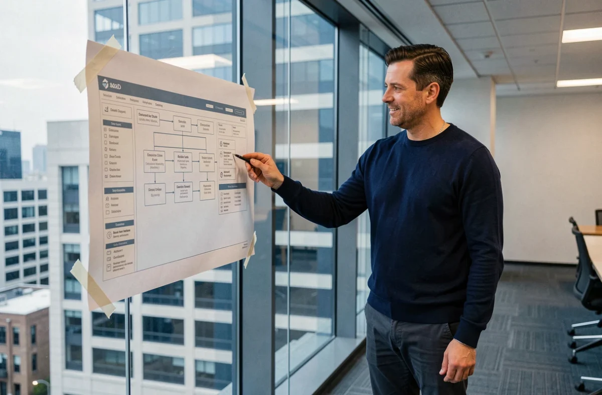 Homme d'affaires présentant une architecture de site web sur un tableau en verre dans une salle de réunion corporative