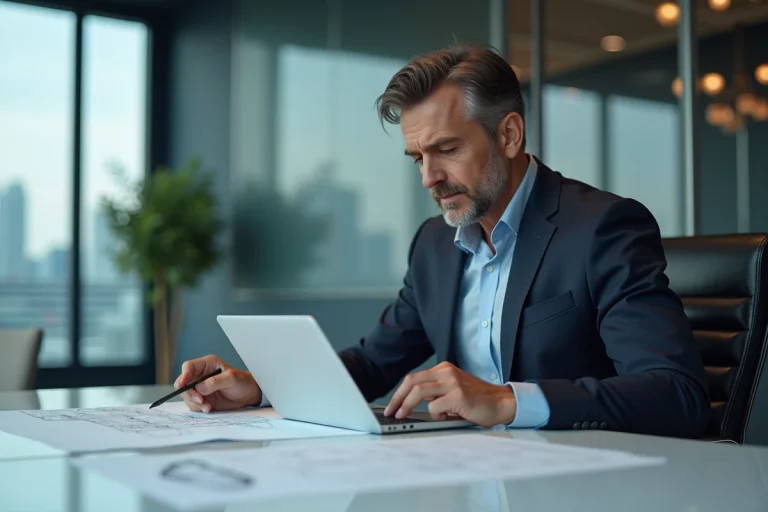 Homme d'affaires en costume moderne examinant des plans