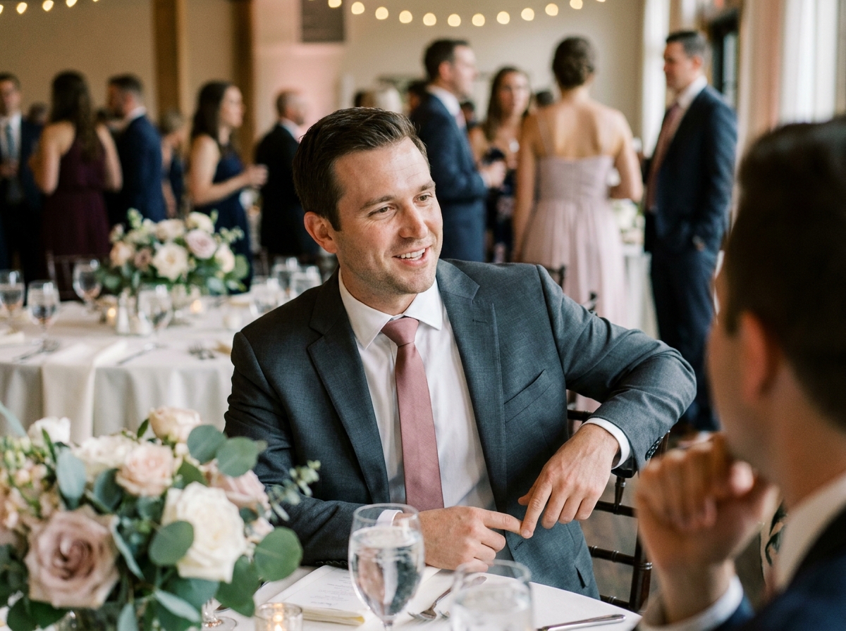 Homme élégant en costume gris et cravate rose poudré assistant à une réception de mariage