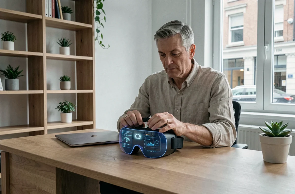 Homme interagissant avec un casque de réalité augmentée dans un bureau à domicile moderne, tendances technologiques 2024