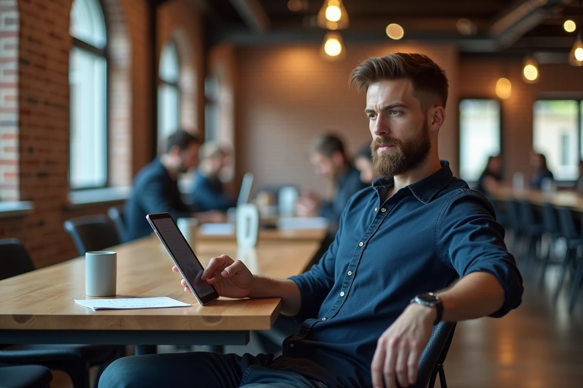 Homme utilisant une tablette pour explorer des plateformes d'emploi dans un espace de coworking moderne