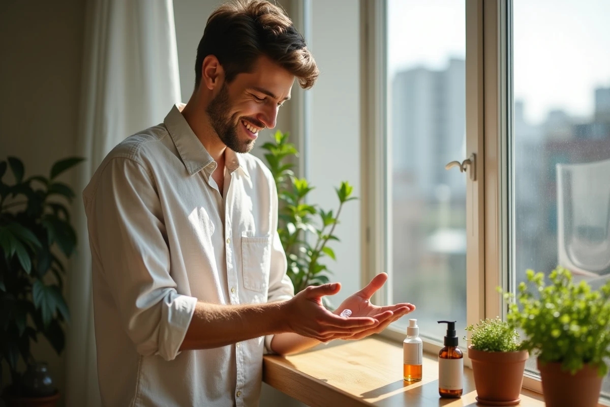 Jeune homme appliquant un serum dans un cadre urbain naturel