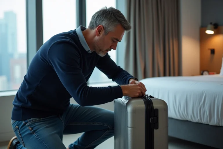Homme inspectant un verrou TSA 007 sur une valise dans une chambre d'hôtel