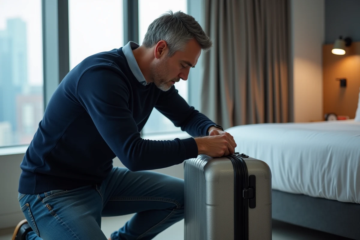 Homme inspectant un verrou TSA 007 sur une valise dans une chambre d'hôtel