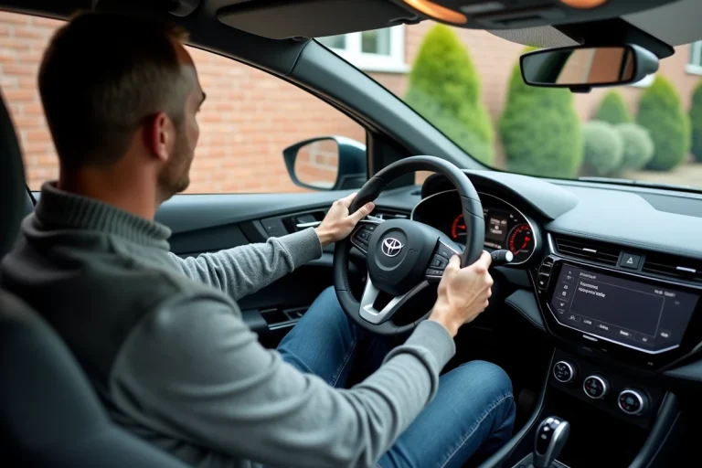 Homme moyenâgeux examinant le tableau de bord d'une voiture