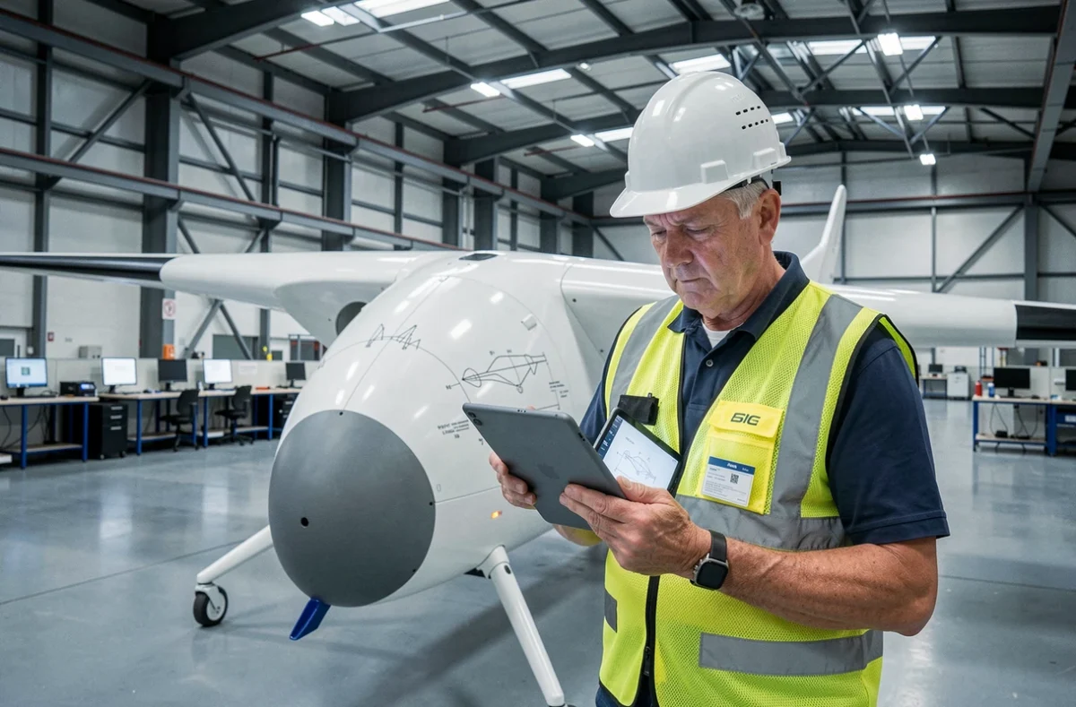 Ingénieur examinant un prototype d'aéronef électrique à décollage vertical dans un hangar industriel